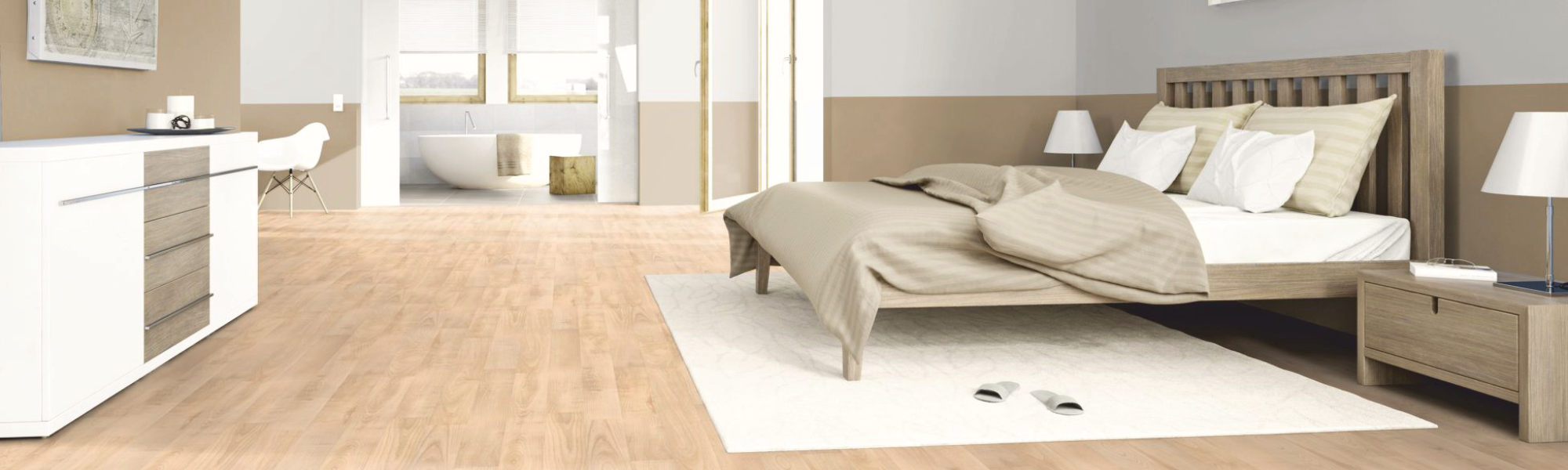 Modernes Schlafzimmer mit Hokzfussboden