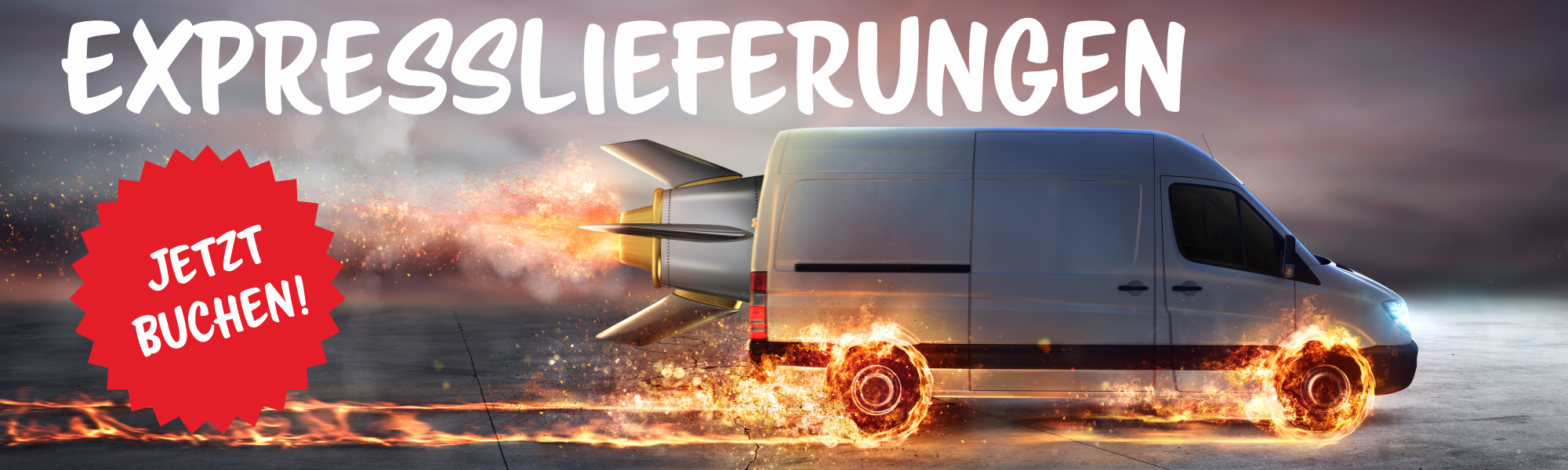Illustration eines Lieferwagens mit einer Turbine hinten und brennenden und Feuer hinterlassenden Reifen, die Geschwindigkeit symbolisieren und dem Schriftzug 'Express-Lieferung'