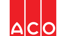 Logo der Marke ACO: Drei senkrechte rote Streifen, jeweils mit einem Buchstaben am unteren Ende