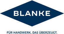 Markanter weißer Schriftzug Blanke in klaren, modernen Buchstaben auf einer dunkelblauen liegenden Raute