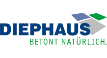 Der Schriftzug "Diephaus - betont natürlich." in dunkelblau und grün wird ergänzt durch drei Rechtecke in grau, blau und grün