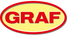 Ein gelbes, liegendes Oval mit rotem Rand, gefüllt mit roten, fetten Buchstaben "GRAF"